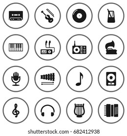 Set Of 16 Song Icons Set.Collection Of Retro Disc, Tape, Quaver And Other Elements.