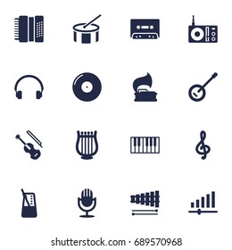 Set Of 16 Song Icons Set.Collection Of Harmonica, Turntable, Octave Keyboard And Other Elements.