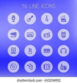 Set Of 16 Song Outline Icons Set.Collection Of Station, Amplifier, Headphones And Other Elements.