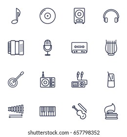 Set Of 16 Song Outline Icons Set.Collection Of Guitar, Wooden Block, Fiddle And Other Elements.