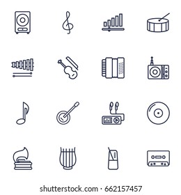 Set Of 16 Song Outline Icons Set.Collection Of Turntable, Harmonica, Stringed And Other Elements.