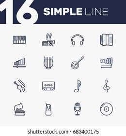 Set Of 16 Song Outline Icons Set.Collection Of Fiddle, Musical Sign, Gramophone And Other Elements.