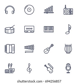 Set Of 16 Song Outline Icons Set.Collection Of Fortepiano, Amplifier, Audio Level And Other Elements.