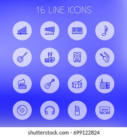 Set Of 16 Song Outline Icons Set.Collection Of Gramophone, Turntable, Headphones And Other Elements.
