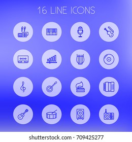 Set Of 16 Song Outline Icons Set.Collection Of Harmonica, Record, Percussion And Other Elements.