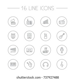 Set Of 16 Song Outline Icons Set.Collection Of Turntable, Percussion, Audio Level And Other Elements.