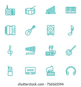 Set Of 16 Song Outline Icons Set.Collection Of Station, Turntable, Wooden Block And Other Elements.