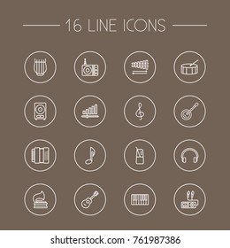 Set Of 16 Song Outline Icons Set.Collection Of Guitar, Turntable, Harmonica And Other Elements.