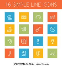 Set Of 16 Song Outline Icons Set.Collection Of Loudspeaker, Harmonica, Percussion And Other Elements.