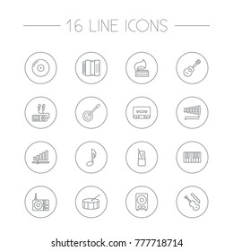 Set Of 16 Song Outline Icons Set.Collection Of Percussion, Loudspeaker, Wooden Block And Other Elements.