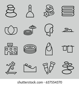 set of 16 spa outline icons such as nail, lotus, aroma stick, towels, cloth hanging, pipette, jacuzzi, face, swimmer