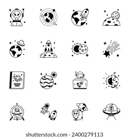 Set of 16 Space Exploration Linear Icons 

