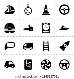 Set of 16 speed filled icons such as rocket, alloy wheel, steering wheel, robot transmission, clock, truck, stopwatch, car mirror, boat, grinder, stairs, rocket medical