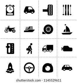 Set of 16 speed filled icons such as car, tire repair, tire, turbo, gearbox, auto transmission, clock, truck, rocket, man with briefcase, steering wheel, cruise ship, ski