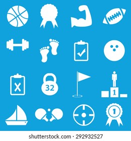 Set of 16 sport icons, on blue background