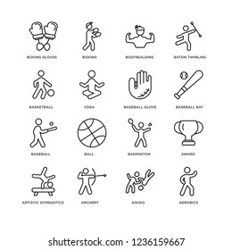 Set Of 16 sport linear icons such as aerobics, aikido, Archery, artistic gymnastics, Award, Boxing gloves, Basketball, Baseball, Baseball glove, editable stroke icon pack, pixel perfect