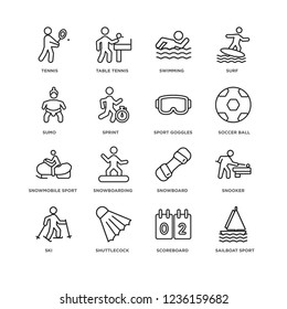 Set Of 16 sport linear icons such as Sailboat sport, Scoreboard, Shuttlecock, Ski, Snooker, Tennis, sumo, Snowmobile Sport Goggles, editable stroke icon pack, pixel perfect