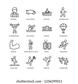 Set Of 16 sport linear icons such as kickboxing, kung fu, Lacrosse, long jump, marathon, Referee, powerlifting, Muscle, Podium, editable stroke icon pack, pixel perfect