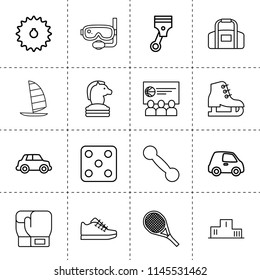Set of 16 sport outline icons such as car, chain gear, piston, dice, chess, s, boxing glove, ice skating, tennis, sport conference, dumbbell, trainer, ranking, sport bag
