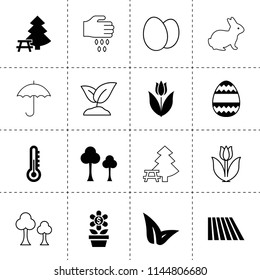 Set of 16 spring filled and outline icons such as field, tree, thermometer, leaf, easter egg, tulip, flowerpot with dollar sign, sprouting, rabbit, sowing, eggs