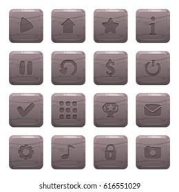 Set of 16 square rock, stone icons isolated on white background for game user interface. Mobile app vector elements template.