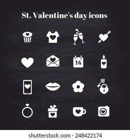 Set of 16 St. Valentine's Day Icons on chalkboard