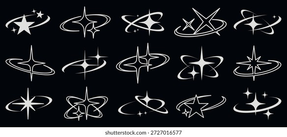 Set of 16 star logos with orbit designs. Stars and orbits in various styles. Starry symbols with orbiting elements. Ideal for space-themed branding. Creative elements, vector set.