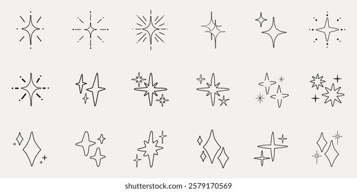 Set of 16 star and sparkle icons. Simple, minimalist star designs. Black line art stars and sparkles. Various star shapes, minimalist star and sparkle icons. Element vector set.