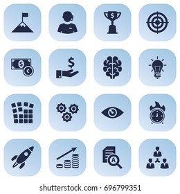 Set Of 16 Startup Icons Set.Collection Of Unity, Vision, Rocket And Other Elements.