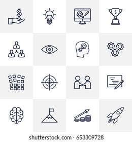 Set Of 16 Startup Outline Icons Set.Collection Of Planning, Money Saving, Teamwork And Other Elements.