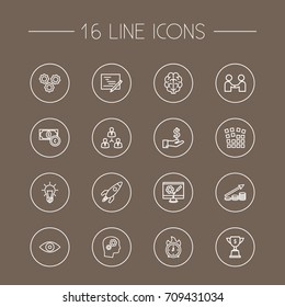 Set Of 16 Startup Outline Icons Set.Collection Of Brain, Money Saving, Currency And Other Elements.