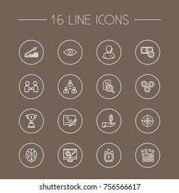 Set Of 16 Startup Outline Icons Set.Collection Of Teamwork, Partnership, Eye And Other Elements.