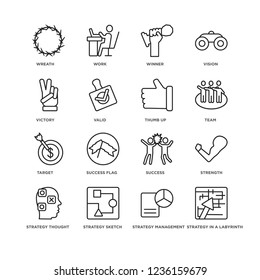 Set Of 16 startup stategy linear icons such as Strategy in a labyrinth, strategy Management, Wreath, thought, Strength, Success, Success Flag, Work, editable stroke icon pack, pixel perfect