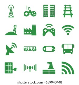 set of 16 station filled icons such as signal tower, airport bus, plane seats, factory, joystick, railway, portable console, wi-fi, signal, satellite