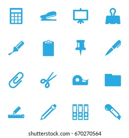 Set Of 16 Stationery Icons Set.Collection Of Drawing, Knife, Binder And Other Elements.