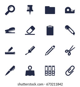 Set Of 16 Stationery Icons Set.Collection Of Pencil, Clippers, Rubber And Other Elements.