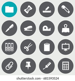 Set Of 16 Stationery Icons Set.Collection Of Pencil, Whiteboard, Clip And Other Elements.