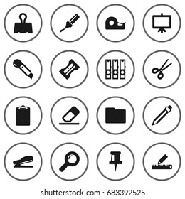 Set Of 16 Stationery Icons Set.Collection Of Supplies, Knife, Information And Other Elements.