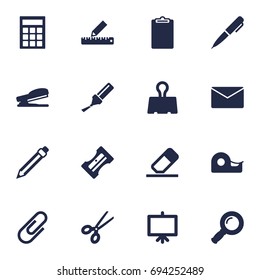 Set Of 16 Stationery Icons Set.Collection Of Puncher, Mail, Calculate And Other Elements.