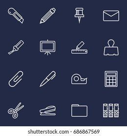 Set Of 16 Stationery Outline Icons Set.Collection Of Drawing, Binder Clip, Mail And Other Elements.