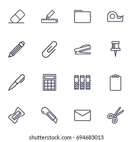 Set Of 16 Stationery Outline Icons Set.Collection Of Sticky, Staple, Portfolio And Other Elements.