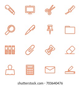 Set Of 16 Stationery Outline Icons Set.Collection Of Pencil, Calculator, Scissors And Other Elements.