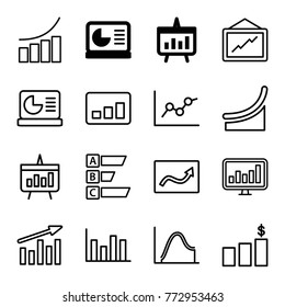 Set of 16 statistic outline icons such as chart, chart on display, graph, statistic
