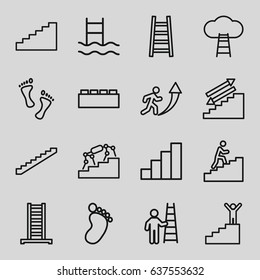 Satz von 16 Stufen Umrisssymbole wie Leiter, Treppe, Fußabdruck, Treppe, Mann, der Treppe hinaufsteigt, Fuß, Mann aufsteigt