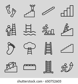 set of 16 step outline icons such as ladder, stairs, foot print, stair, man climbing stairs, foot, man going up