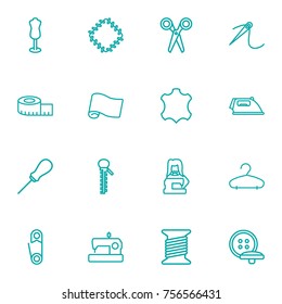 Set Of 16 Stitch Outline Icons Set.Collection Of Hanger, Patch, Bobbin And Other Elements.