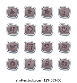 Set of 16 stone icons in white frames isolated on white background for game user interface. Mobile app vector elements template in cartoon style.