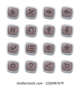 Set of 16 stone icons in white frames isolated on white background for game user interface. Mobile app vector elements template in cartoon style.