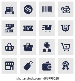 Set Of 16 Store Icons Set.Collection Of Till, Guarantee, Identification Code And Other Elements.