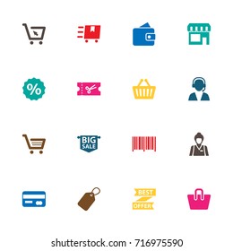 Set Of 16 Store Icons Set.Collection Of Cart, Identification Code, Percent And Other Elements.